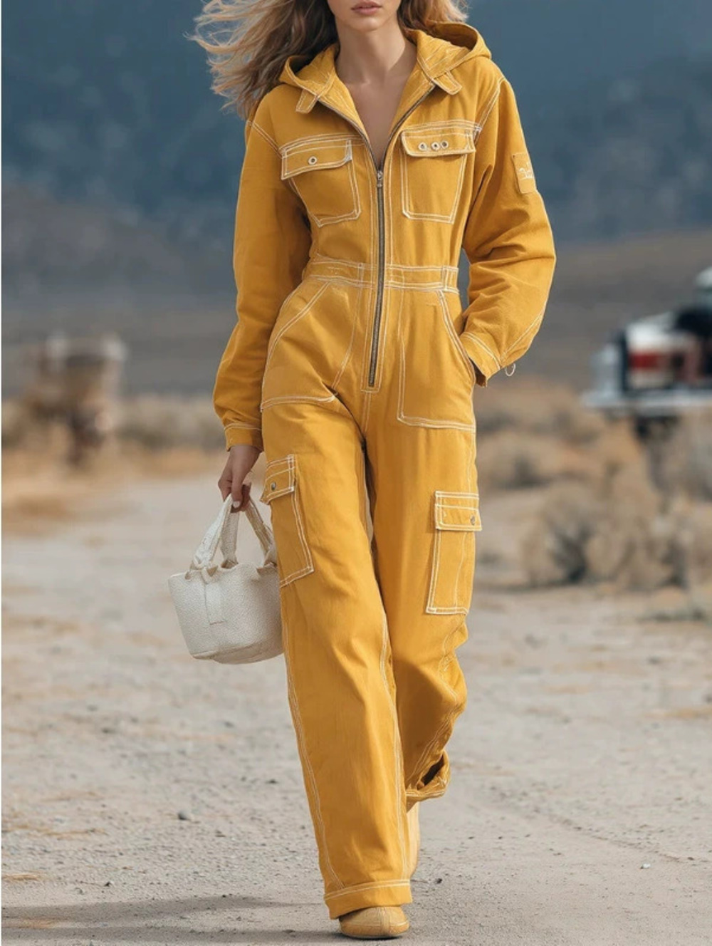 FOREVER 21 Vintage Workwear Hooded Large Pocket Wide Leg Jumpsuit